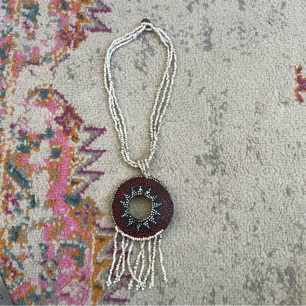 Cream and Brown Necklace with Circular Pendant and Fringe